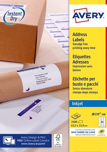 Etiket A4  63,5x 33,9mm Avery J8159-100 inkjet ds/2400