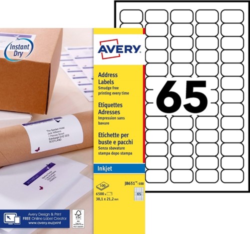 Etiket A4  38,1x 21,2mm Avery J8651-100 inkjet ds/6500-2