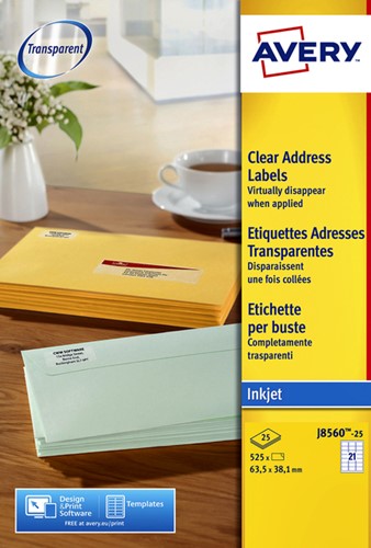 Etiket A4  63,5x 38,1mm Avery J8560-25 inkjet ds/525 transparant 