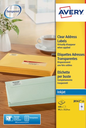Etiket A4  99,1x 33,9mm Avery J8562-25 inkjet ds/400 transparant 