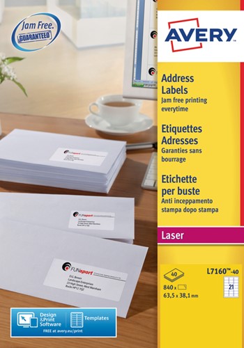 Etiket A4  63,5x 38,1mm Avery L7160-40 laser ds/840