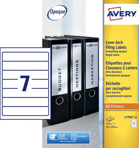 Etiket ordner 192x39mm Avery L7702 wit 25vel