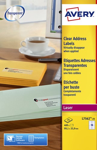Etiket A4  99,1x 33,9mm Avery L7562-25 transparant ds/400  