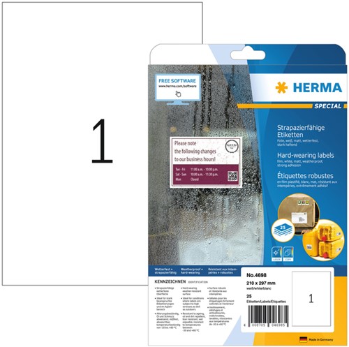 Etiket A4 210x297mm Herma 4698 polyester weerbestendig ds/25 wit