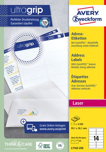 Etiket A4  99,1x 38,1mm Avery L7163-250 laser ds/3500