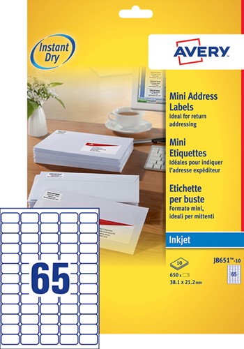 Etiket A4  38,1x 21,2mm Avery J8651-10 inkjet ds/650