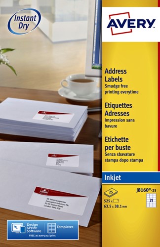 Etiket A4  63,5x 38,1mm Avery J8160-10 inkjet ds/210