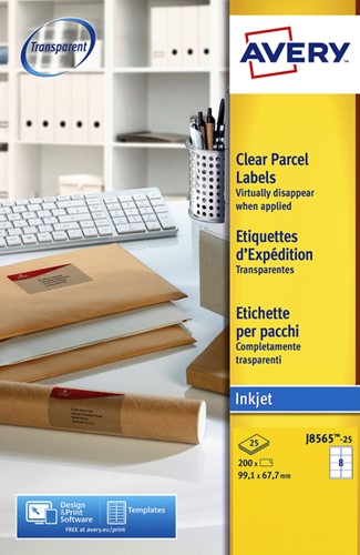 Etiket A4  99,1x 67,7mm Avery J8565-25 inkjet ds/200 transparant 