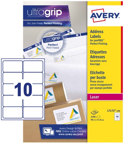 Etiket A4  99,1x 57mm Avery L7173-250 laser ds/2500-2