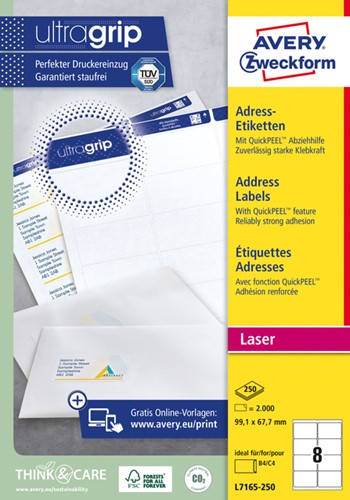 Etiket A4  99,1x 67,7mm Avery L7165-250 laser ds/2000