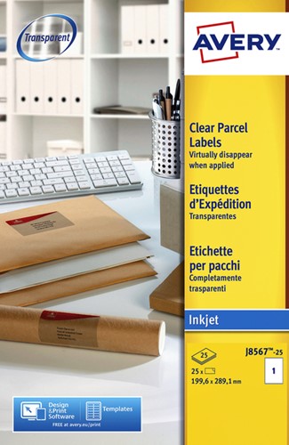 Etiket A4 210x297mm Avery J8567-25 inkjet ds/25 transparant 