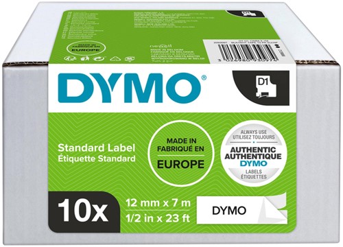 Dymotape D1 12mm zwart op wit 45013 doos/10