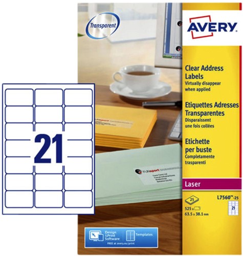 Etiket A4  63,5x 38,1mm Avery L7560-25 transparant ds/525