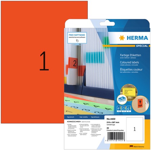 Etiket A4 210x297mm Herma 4422 verwijderbaar ds/25 rood