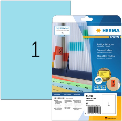 Etiket A4 210x297mm Herma 4423 verwijderbaar ds/20 blauw