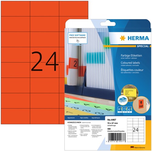 Etiket A4  70x 37mm Herma 4467 verwijderbaar ds/480 rood