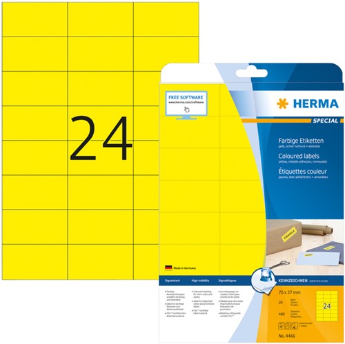 Etiket A4  70x 37mm Herma 4466 verwijderbaar ds/480 geel