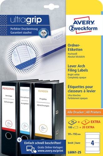 Etiket ordner 192x59mm Avery L6061 wit 25vel