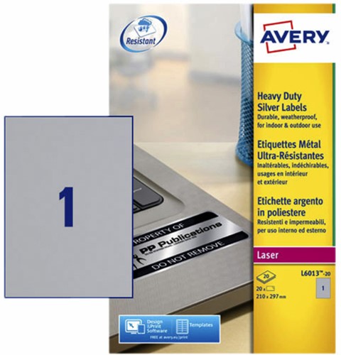 Etiket Avery L6013-20 210x297mm zilver 20/st