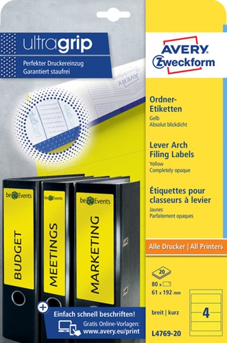 Etiket ordner 192x61mm Avery L4769-20 geel 20vel