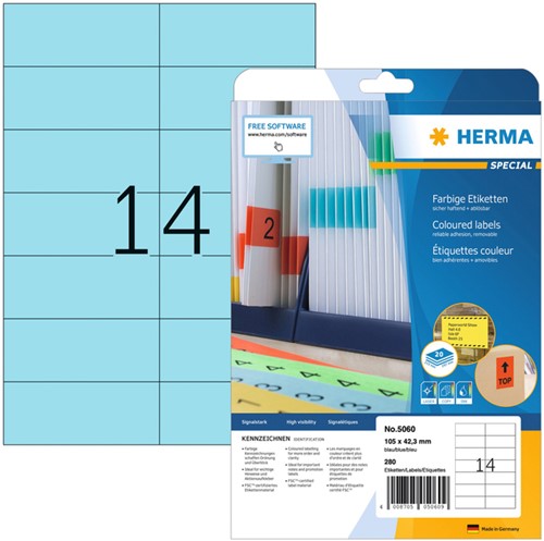 Etiket A4 105x 42,3mm Herma 5060 verwijderbaar ds/280 blauw