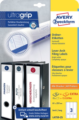 Etiket ordner 297x61mm Avery L4759-25 wit 25vel