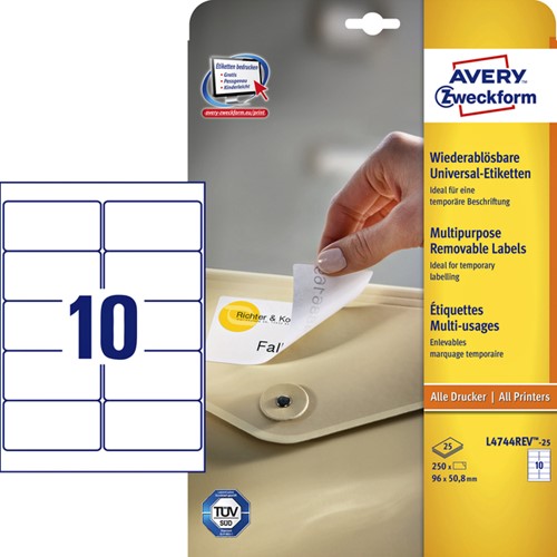 Etiket A4  96x 50,8mm L4744REV-25 afneembaar ds/250