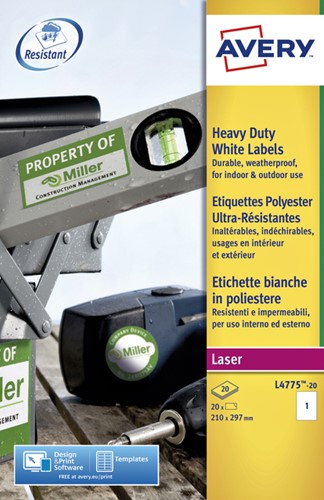 Etiket A4 210x297mm Avery L4775-20 heavy duty pk/20