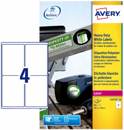 Etiket A4  99,1x139mm Avery L4774-20 heavy duty pk/80