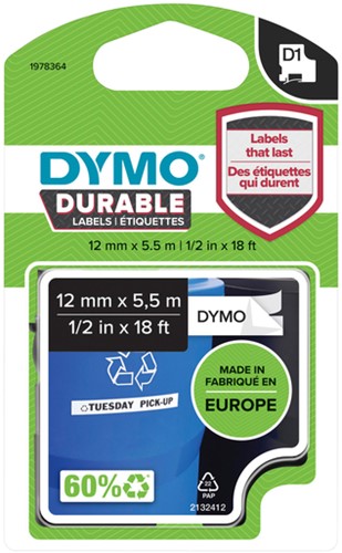 Dymotape D1 12mm zwart op wit duurzaam 1978364