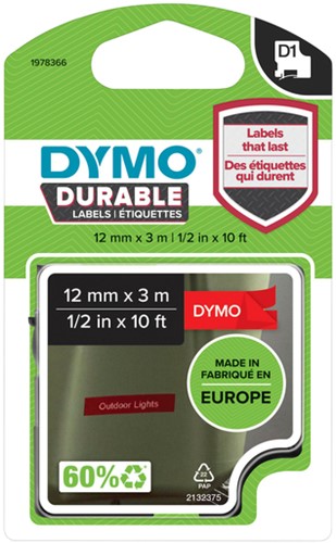 Dymotape D1 12mm wit op rood duurzaam 1978366