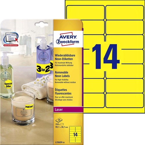 Etiket A4  99x 38mm Avery L7263Y-100 ds/1400 neon geel