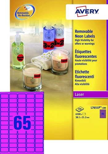 Etiket A4  38,1x 21,2mm Avery L7651PF-100 ds/6500 neon roze