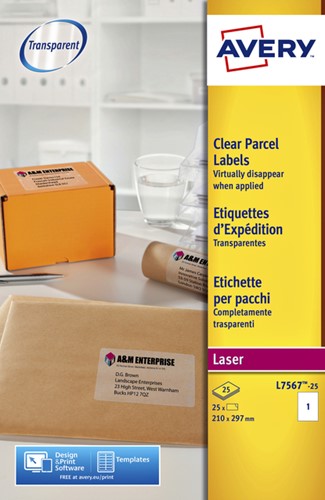 Etiket A4 210x297mm Avery L7567-25 transparant ds/25 