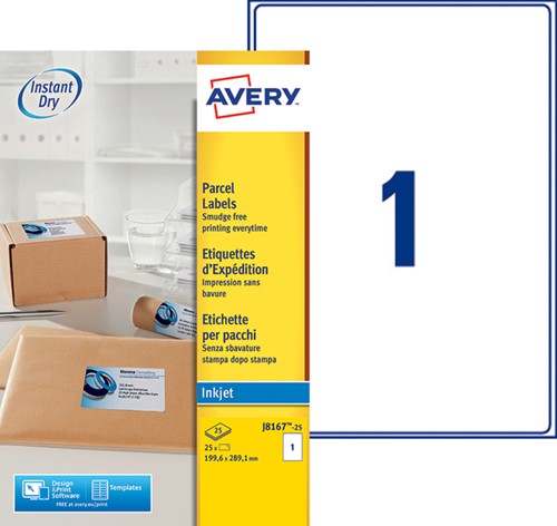 Etiket A4 199,6x289,1mm Avery J8167-25 inkjet ds/25-3