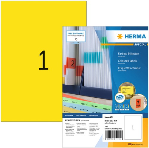 Etiket A4 210x297mm Herma 4401 ds/100 geel
