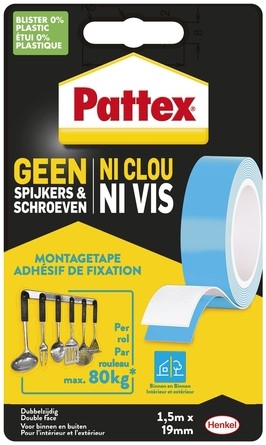 Plakband dubbelzijdig 19mmx1.5m SUPER 20kg