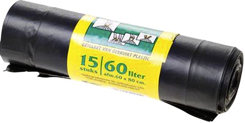 Afvalzakken Komo 60 ltr grijs met trekband rol/15