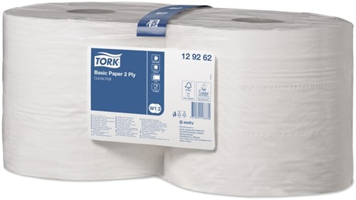Poetsrol Tork W1 Basic paper 2-laags 23cmx340m wit 129262 ds/2