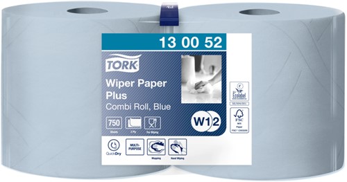 Poetsrol Tork W1 Wiping paper plus 2-laags 23,5cmx255m blauw 130052 ds/2