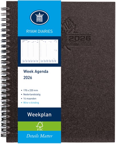 Agenda 2026 Ryam Weekplan Wire-o 7dagen/2pagina's zwart