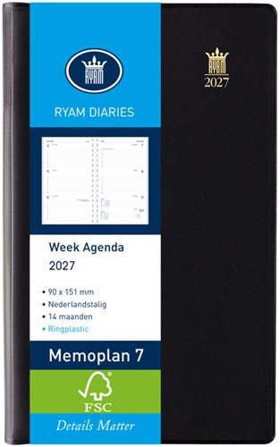 Agenda 2027 Ryam Memoplan 7 Suprema ringplastic 7dagen/2pagina's zwart