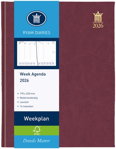 Agenda 2026 Ryam Weekplan Mundior 7dagen/2pagina's bordeaux
