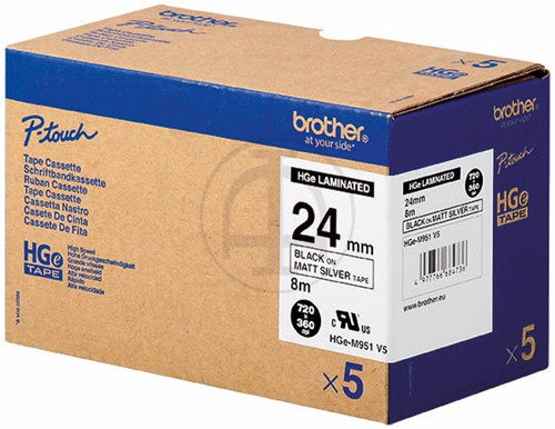Brothertape HGE-M951V5 24mm zwart op mat zilver high grade pk/5