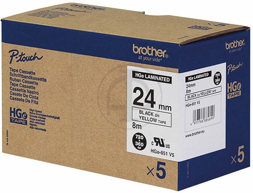 Brothertape HGE-651V5 24mm zwart op geel high grade pk/5
