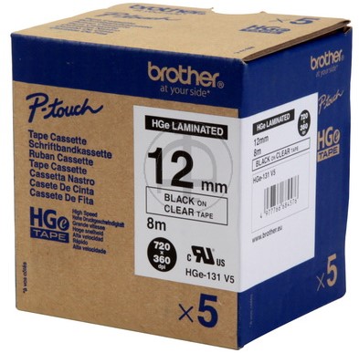 Brothertape HGE-131V5 12mm zwart op helder high grade pk/5