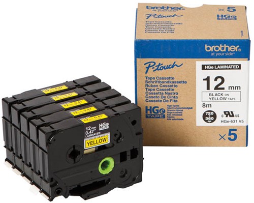 Brothertape HGE-631V5 12mm zwart op geel high grade pk/5
