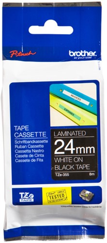 Brothertape TZE-355 24mm wit op zwart
