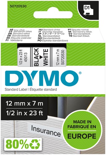 Dymotape D1 12mm zwart op wit 45013