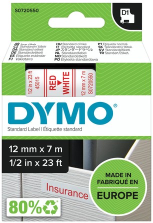 Dymotape D1 12mm rood op wit 45015
